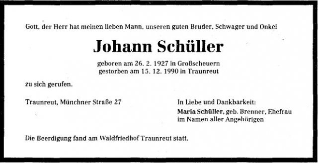 Schueller Johann 1927-1990 Todesanzeige